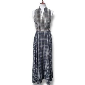 L.L Bean Signature Checkered Sleeveless Maxi Dress Navy Multi Women's Size 6
